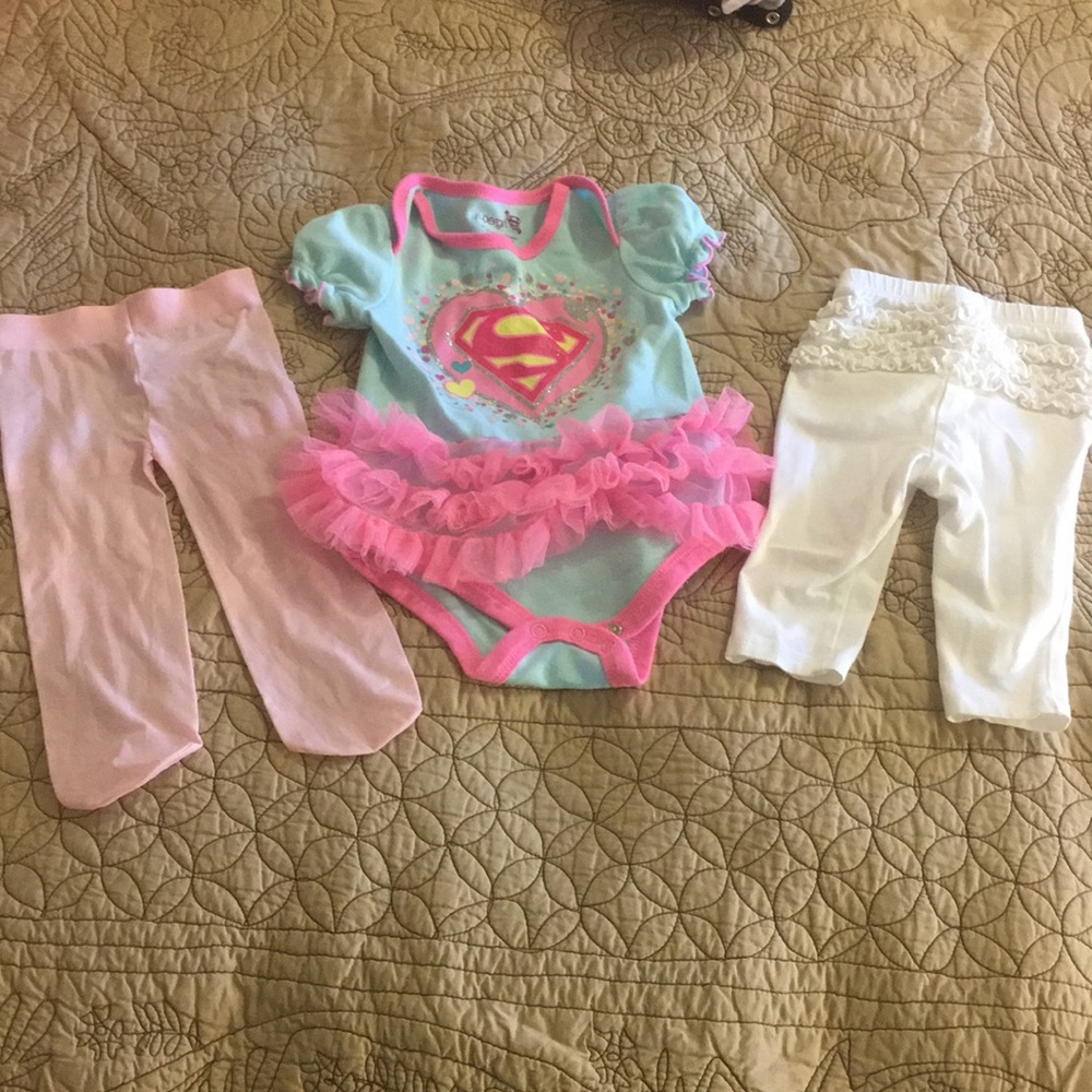 Supergirl ruffle onesie, tights & ruffle pants 6M